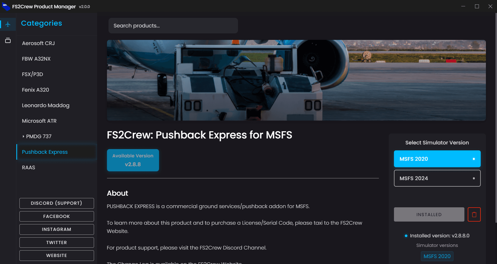 FS2Crew Product Manager screenshot